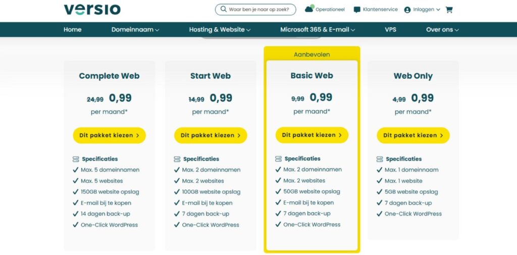 versio webhosting pakketten